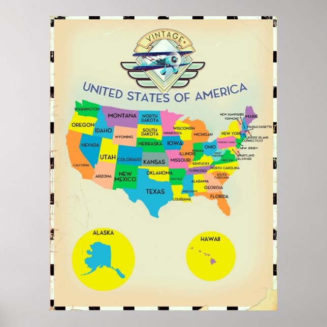 Poster Mapa do estilo de colheita dos Estados Unidos da A (Frente)