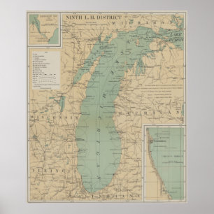 Poster Mapa do farol do Lago Michigan do vintage (1898)