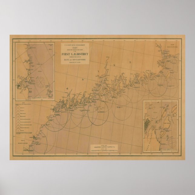 Poster Mapa do Farol do Vintage Maine (1876) (Frente)