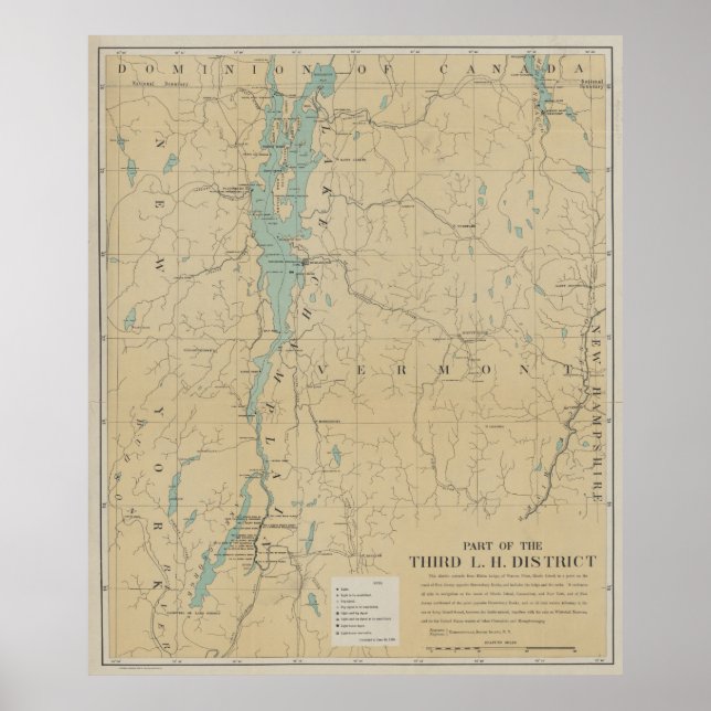 Poster Mapa do Farol Vintage Lake Champlain (1896) (Frente)