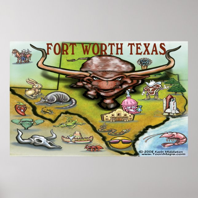 Poster Mapa do Fort Worth TEXAS (Frente)