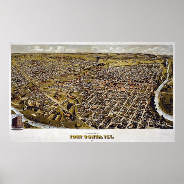Pôster Mapa do Forte em 1891, Vista dos Olhos das Aves TX (Frente)