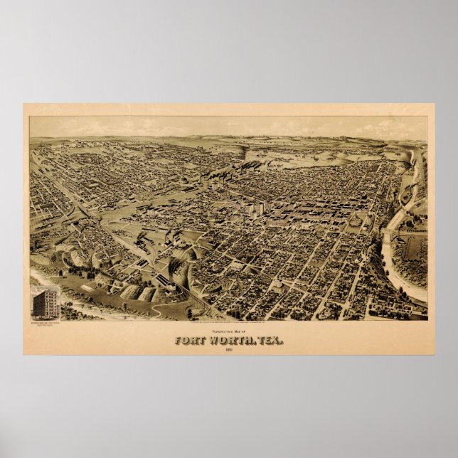 Pôster Mapa do Forte Worth, Texas Birds Eye, 1891 (Frente)