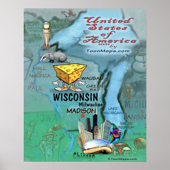 Pôster Mapa do Fundo de Wisconsin (Frente)