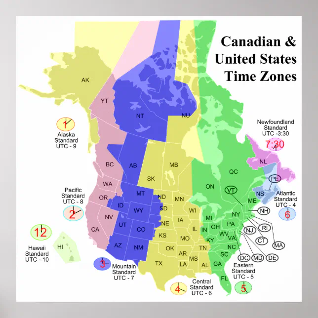 Poster Mapa do Fuso Horário Político do Canadá e Estados | Zazzle Brasil