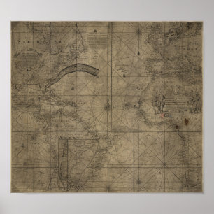 Pôster Mapa do Gulf Stream e do oceano 1768 de Antlantic
