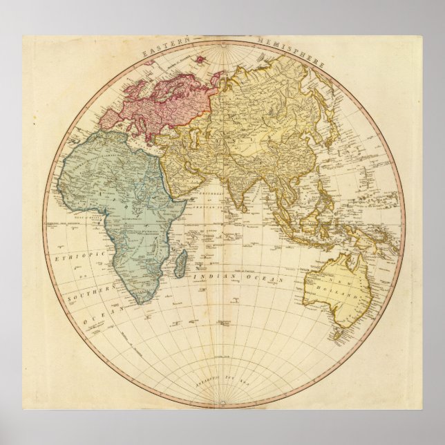 Pôster mapa do hemisfério leste (Frente)