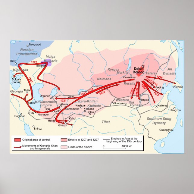 Pôster Mapa do Império Khan de Genghis no 13 (Frente)