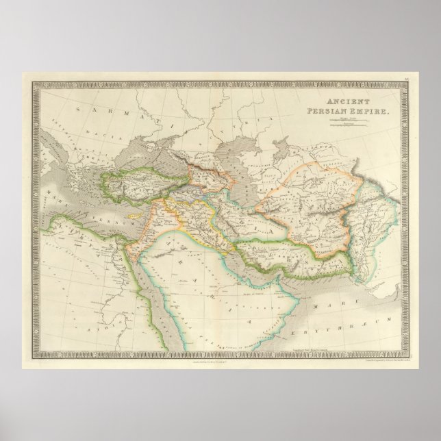 Poster Mapa do Império Persa Vintage (1844) Antiga Babilô (Frente)
