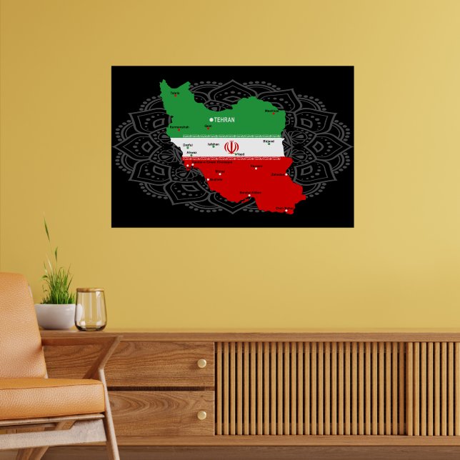 Poster Mapa do Irã com Bandeira e Emblema (Sala de Estar 2)