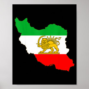 Poster mapa do Irã com emblema de leão e sol, bandeira pe