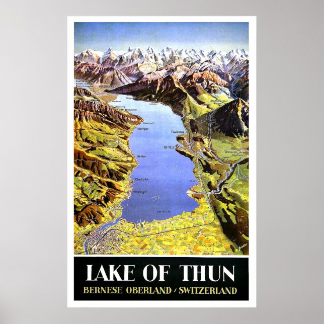 Poster mapa do lago de Thun, Bernese Oberland, Suiça (Frente)
