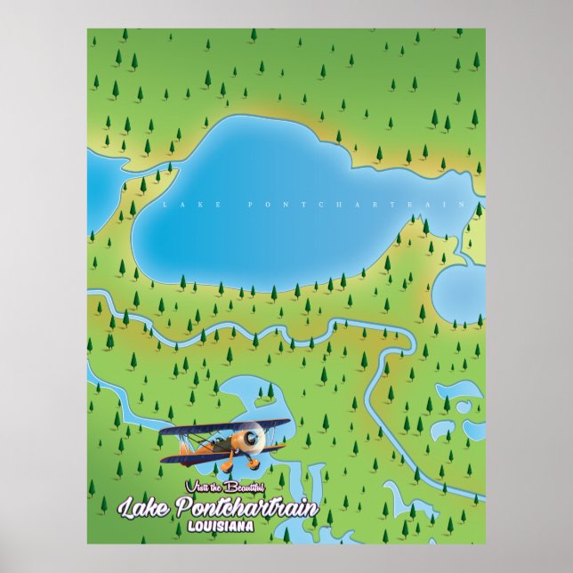 Poster Mapa do lago do Lago Pontchartrain Louisiana (Frente)