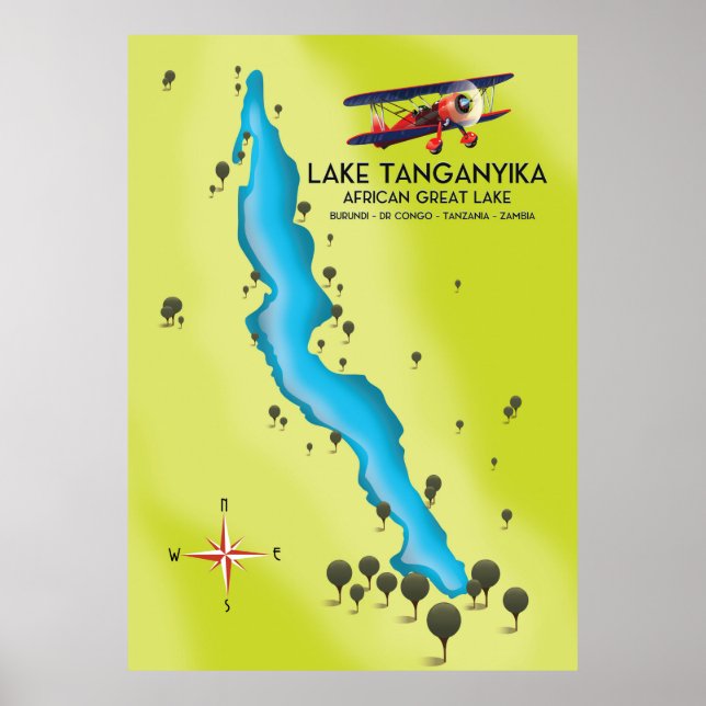 Poster Mapa do lago Excelente africano do Lago Tanganyika (Frente)