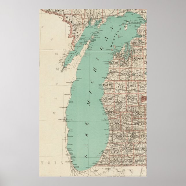 Poster Mapa do Lago Michigan (1888) (Frente)