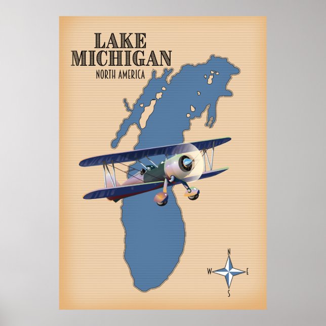 Poster Mapa do Lago Michigan América do Norte (Frente)