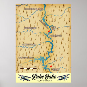 Poster Mapa do Lago Oahe Dakota do Sul