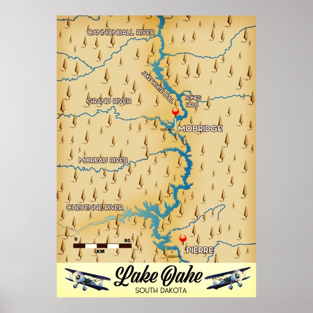 Poster Mapa do Lago Oahe South Dakota (Frente)