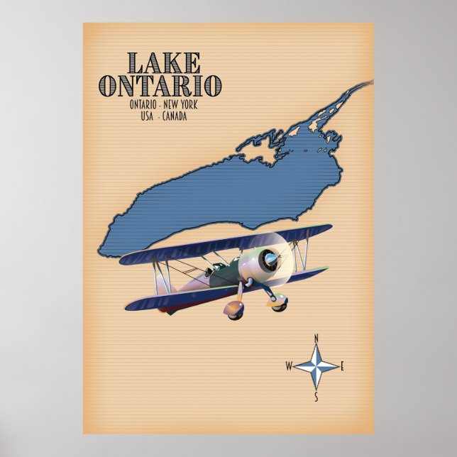 Poster Mapa do Lago Ontario EUA Canadá (Frente)