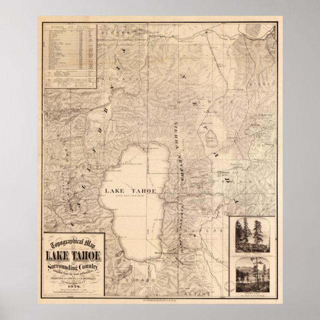 Pôster Mapa do Lago Tahoe Calfornia (1874) (Frente)