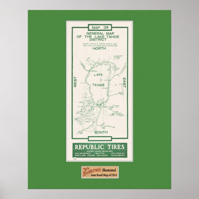 Pôster Mapa do lago Tahoe em 1914 (Frente)