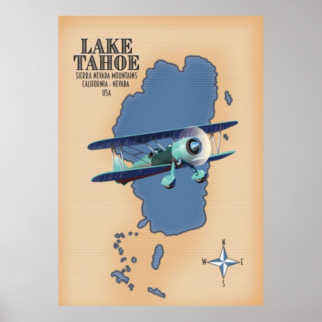 Poster Mapa do Lago Tahoe Sierra Nevada California Nevada (Frente)