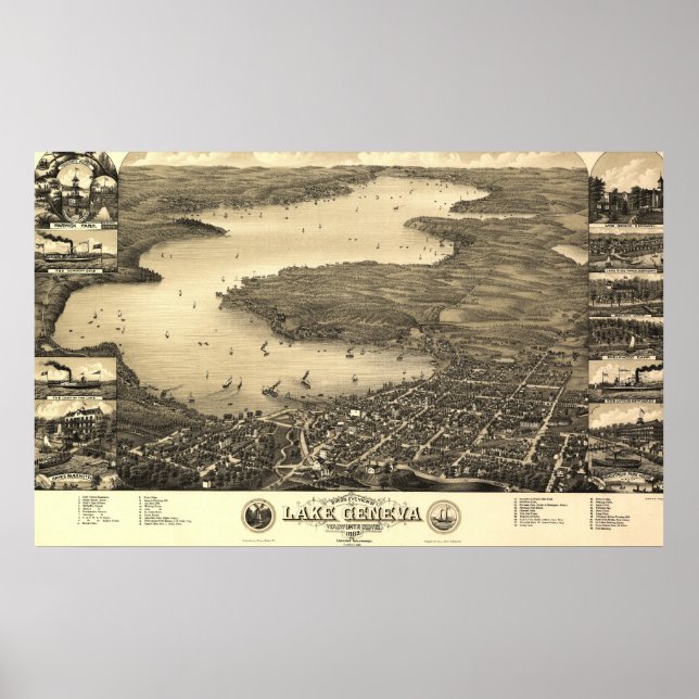 Poster Mapa do Lago Vintage em Genebra (Frente)