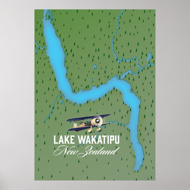 Poster Mapa do Lago Wakatipu Nova Zelândia (Frente)
