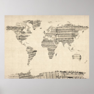 Pôster Mapa do mapa do mundo da partitura velha