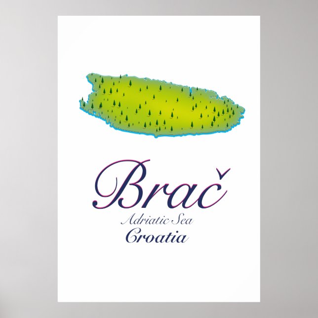 Poster Mapa do Mar Adriático da ilha de Brač, Croácia (Frente)
