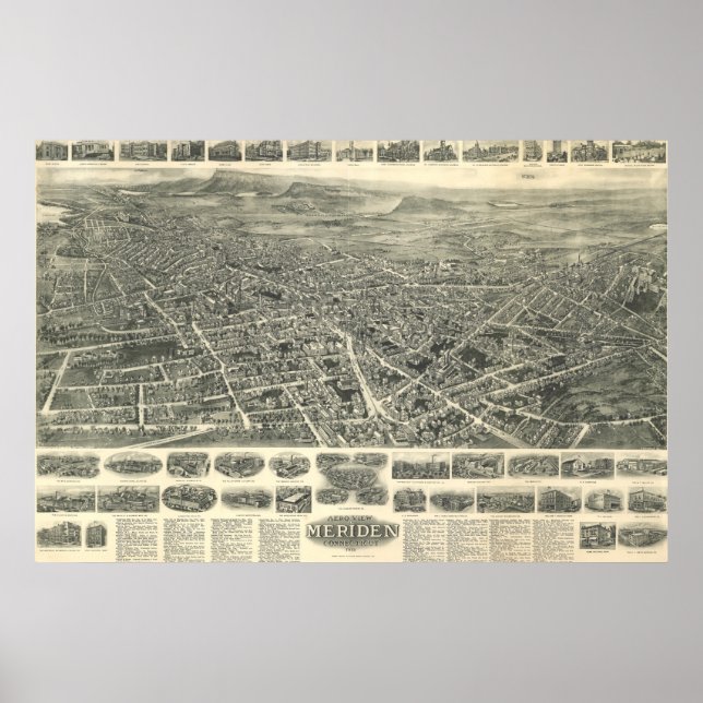 Poster Mapa do Meriden Connecticut de 1918 (Frente)