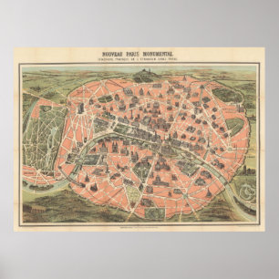 Poster Mapa do monumento de Paris France do vintage