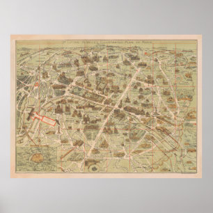 Poster Mapa do Monumento e do Marco de Vintage Paris (187
