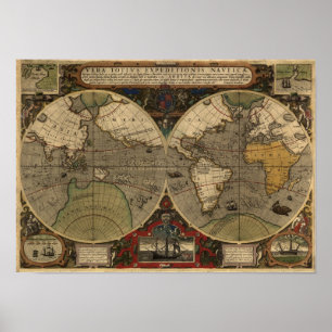 Poster Mapa do mundo 1595 do vintage por Jodocus Hondius