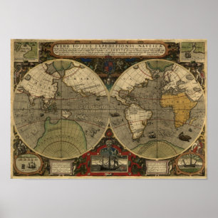 Pôster "Mapa do mundo 1595 mapa histórico de Hondius"