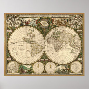 Poster Mapa do mundo 1660 da antiguidade por Frederick de