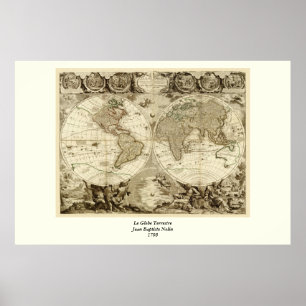 Poster Mapa do mundo 1708 por Jean Baptiste Nolin