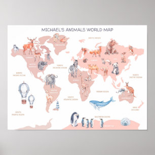 Poster Mapa do Mundo Animal,Arte do Muro das Crianças