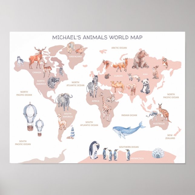 Poster Mapa do Mundo Animal,Arte do Muro das Crianças (Frente)