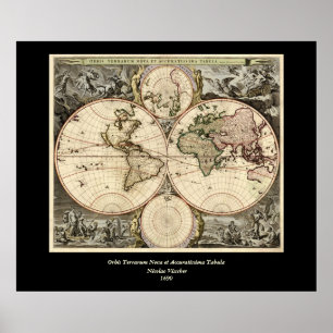 Pôster Mapa do mundo antigo por Nicolao Visscher, cerca