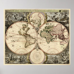 Pôster Mapa do mundo antigo por Nicolao Visscher, cerca