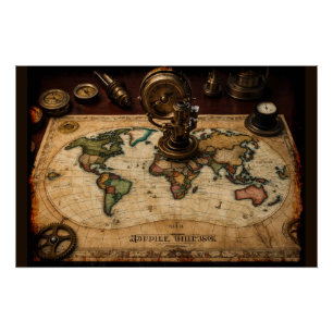 Pôster Mapa do Mundo Antigo Steampunk