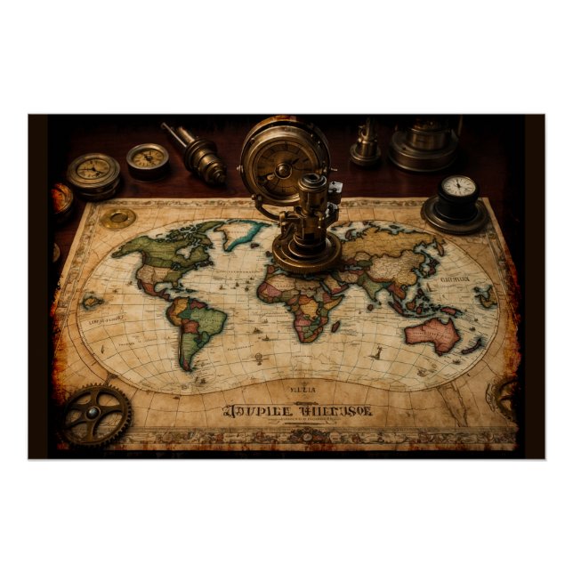 Pôster Mapa do Mundo Antigo Steampunk (Frente)