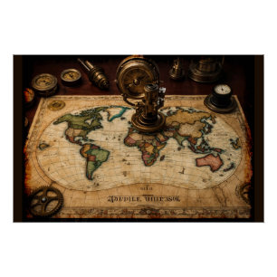 Pôster Mapa do Mundo Antigo Steampunk