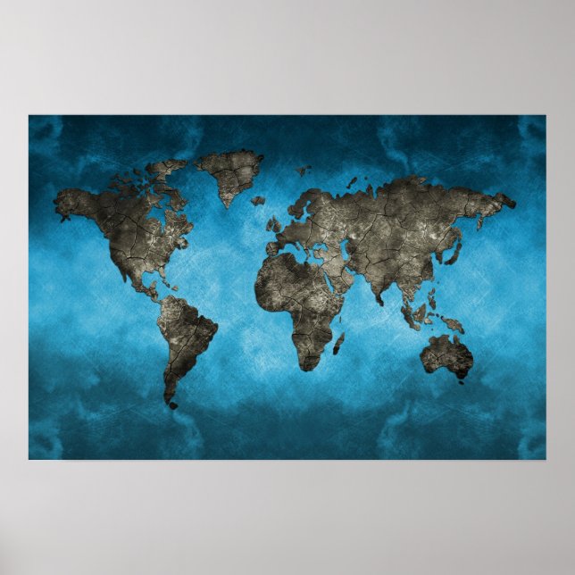 Poster Mapa do Mundo Azul e Negro (Frente)