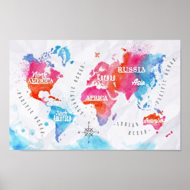 Pôster Mapa do mundo da aquarela azul-rosa (Frente)