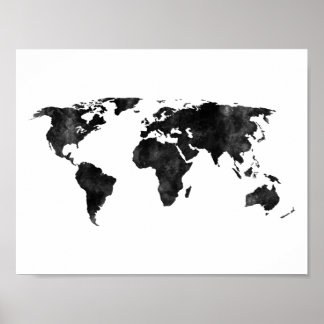 Poster Mapa do Mundo de Aquarela Preta e Branca