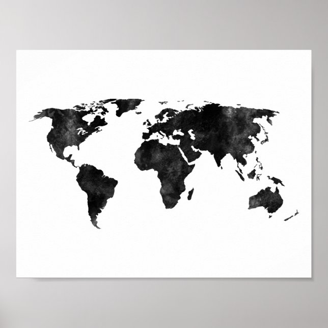 Poster Mapa do Mundo de Aquarela Preta e Branca (Frente)