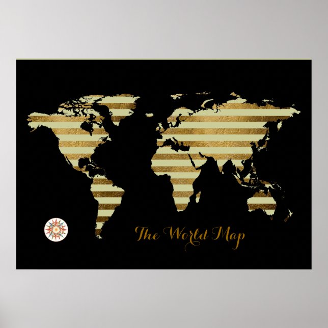 Poster mapa do mundo de cores do ouro stripy (Frente)