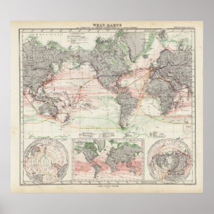 Pôster Mapa do mundo de correntes de oceano